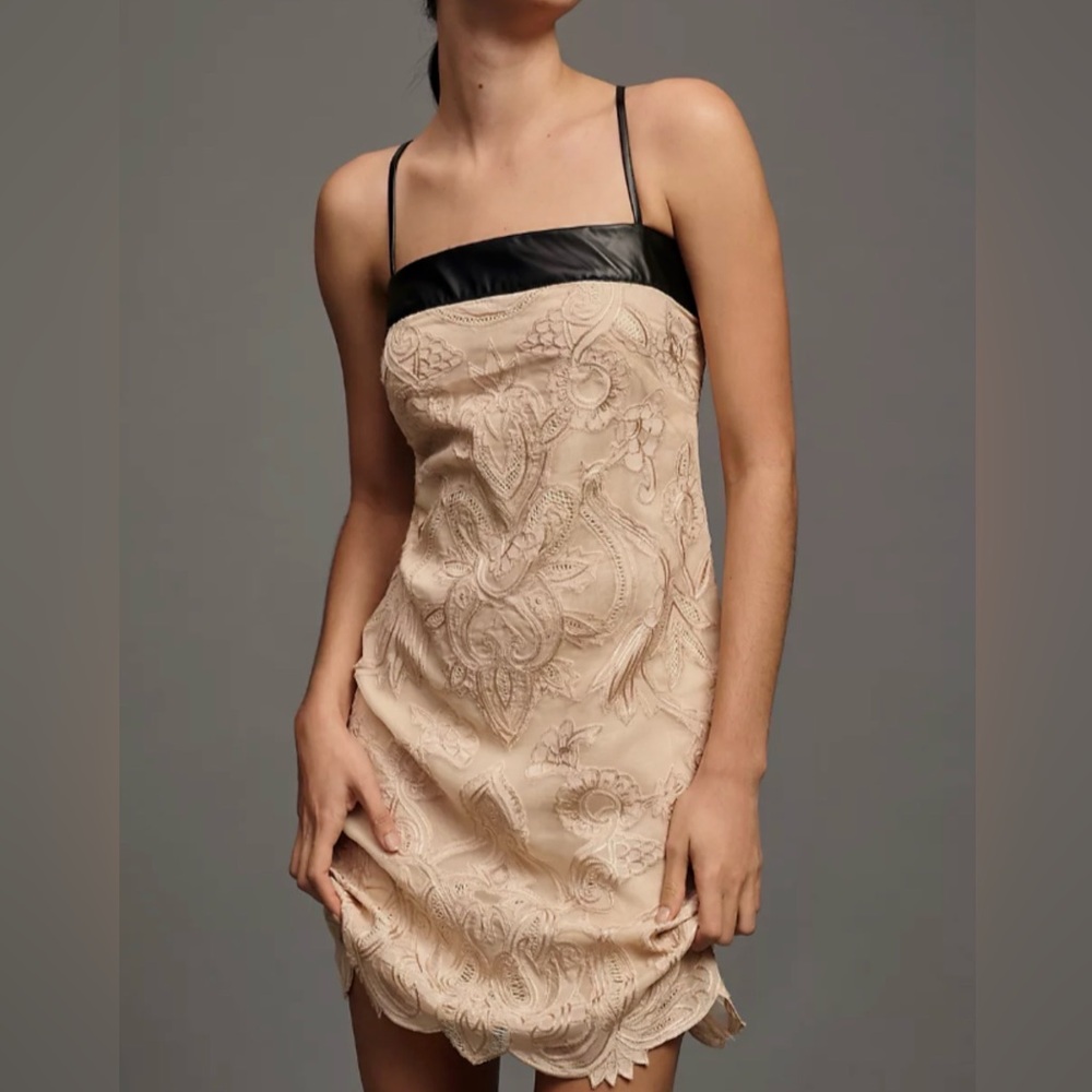 Anthropologie Maeve Beige dress with faux leather band along top and lace bottom